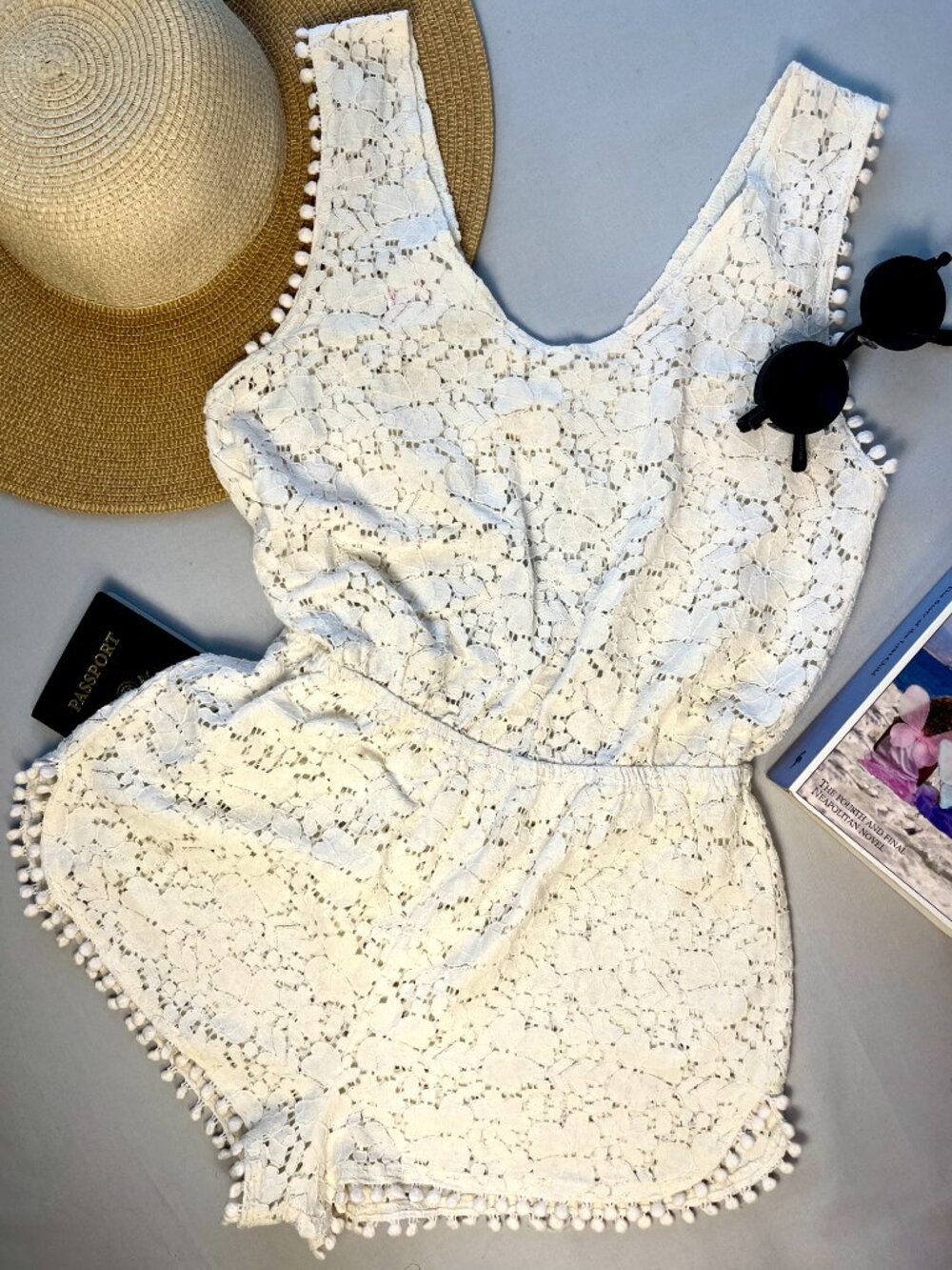 Xhilaration Lace Swim Romper Cover Up Women’s SP Off-White Pom-Pom Edges